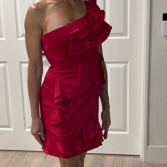 BCBGMaxAzria "Jonesy" One Shoulder Ruffled Mini Dress - Ruby Red Size 0 - Picture 3 of 16